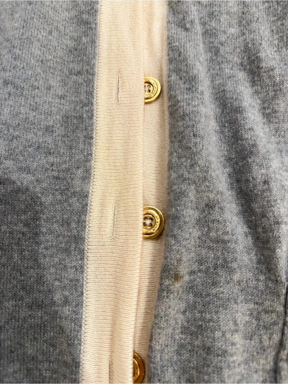 St.John Light Gray V-Neck Button Cardigan with Cream Trim
